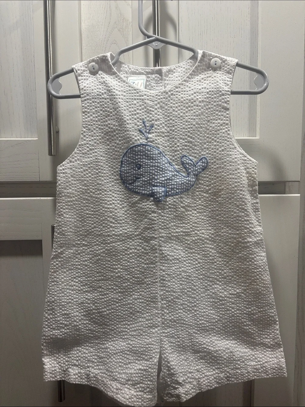 White Seersucker Whale Embroidered Kids One-Piece Romper